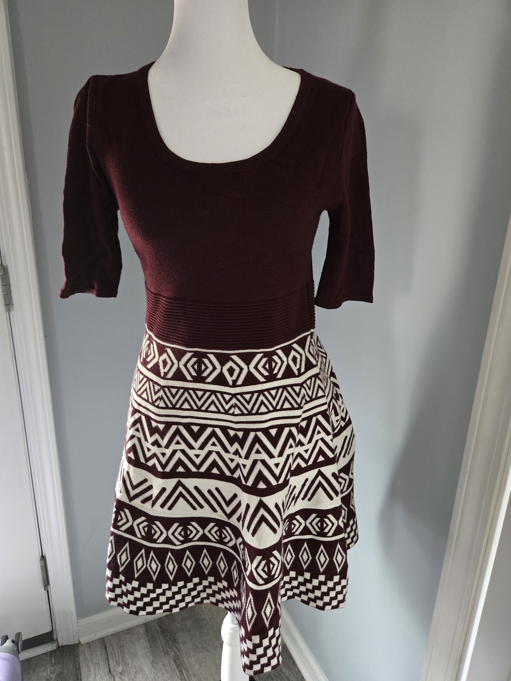 Xhilaration Maroon and Cream Patterned Skater Dress